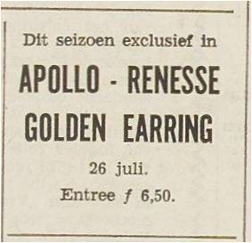 Golden Earring show ad Renesse - Apollo July 26, 1971